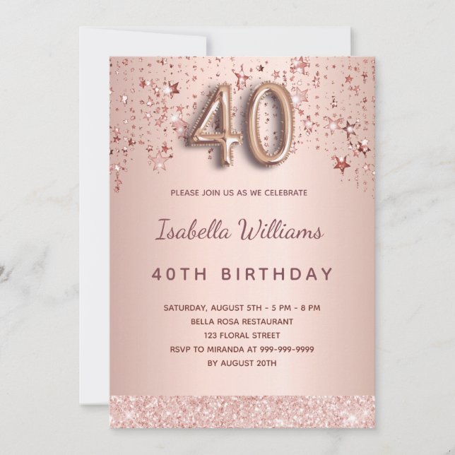 40th birthday rose gold pink stars balloon script invitation (Front)