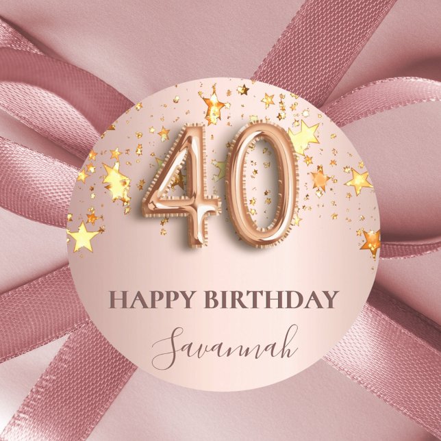 40th birthday rose gold stars pink balloon font classic round sticker (Creator Uploaded)