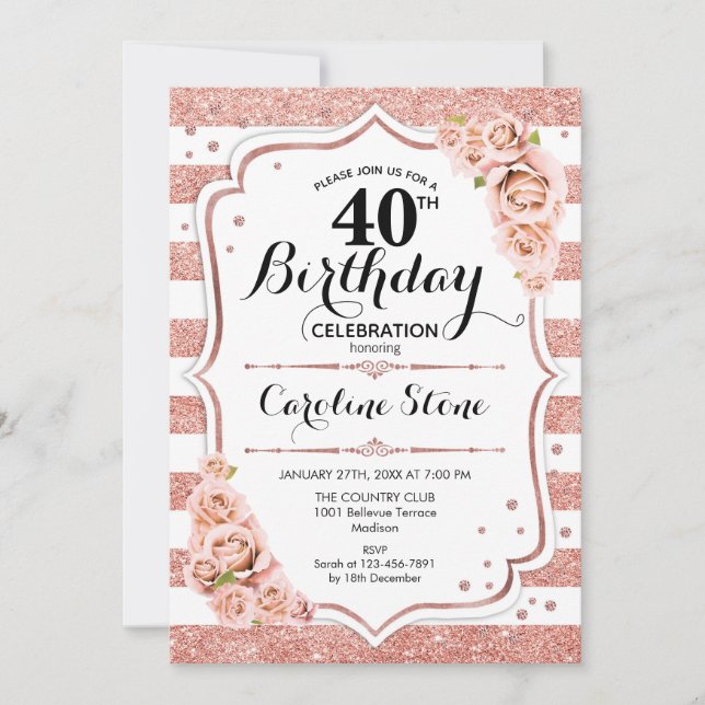 40th Birthday -  Rose Gold White Stripes Invitation (Front)