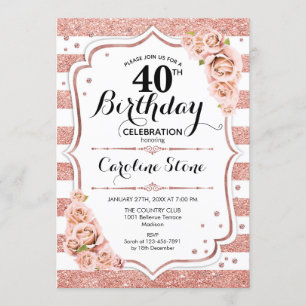 40th Birthday -  Rose Gold White Stripes Invitation