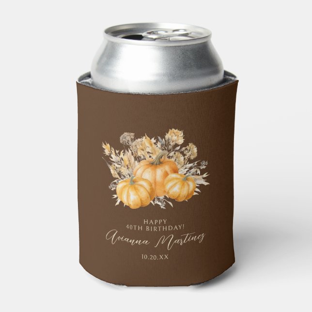 40th Birthday Rustic Boho Pumpkin Fall Foliage Can Cooler (Can Front)