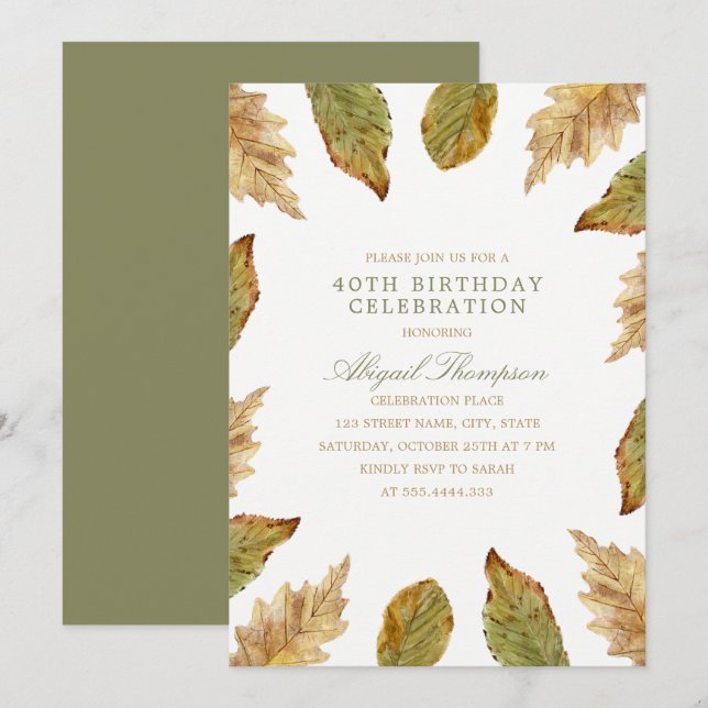 40th Birthday Rustic Fall Leaves Country Party Invitation (Front/Back)