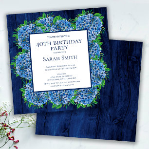 40th Birthday Rustic Wood Blue Hydrangeas Party Invitation