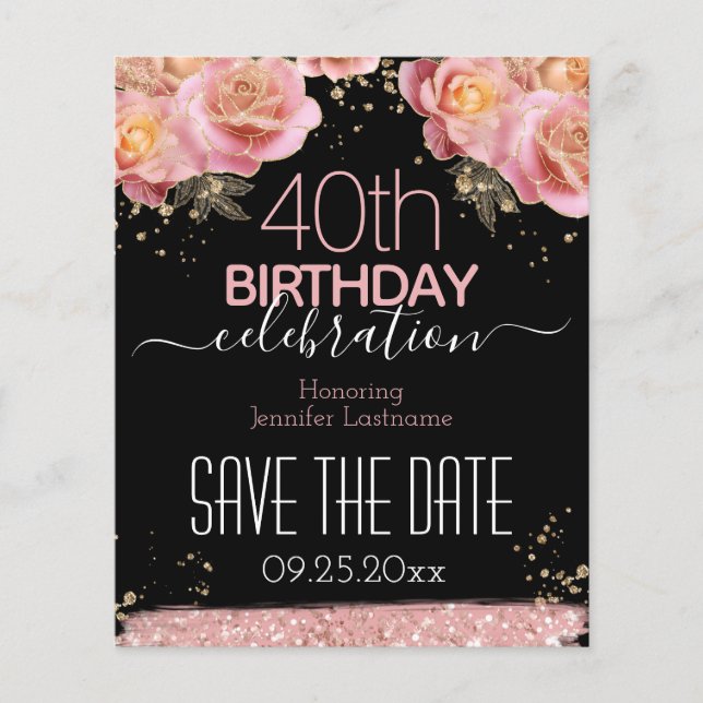 40th Birthday Save the Date Pink Floral Budget (Front)