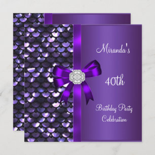 40th Birthday Sequins Purple Diamond Bow Invitation