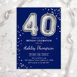 40th Birthday - Silver Balloons Navy Invitation<br><div class="desc">40th birthday party invitation. Elegant design in faux glitter silver and navy blue. Invite card features silver number 30 balloons and script font. Perfect for a stylish bday celebration. Message me if you need custom age.</div>