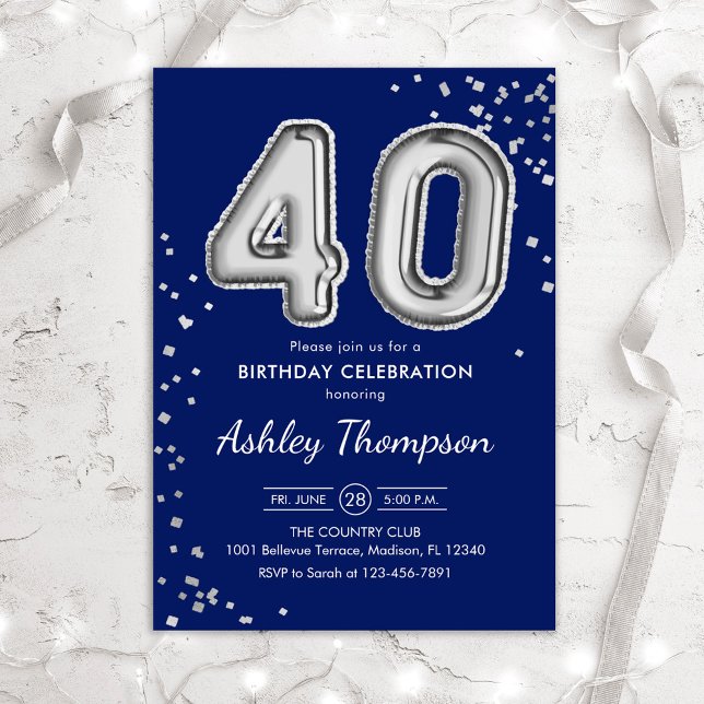 40th Birthday - Silver Balloons Navy Invitation (Creator Uploaded)