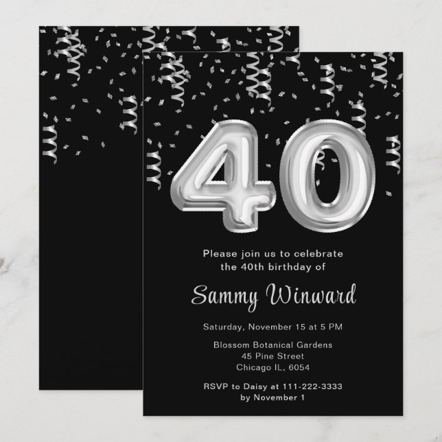 40th Birthday Silver Balloons with Confetti Invitation (Front/Back)