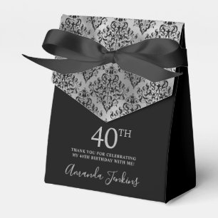 40th Birthday Silver Damask Thank You Favor Box