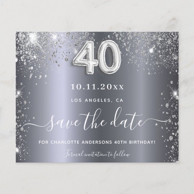 40th birthday silver glitter budget save the date flyer (Front)