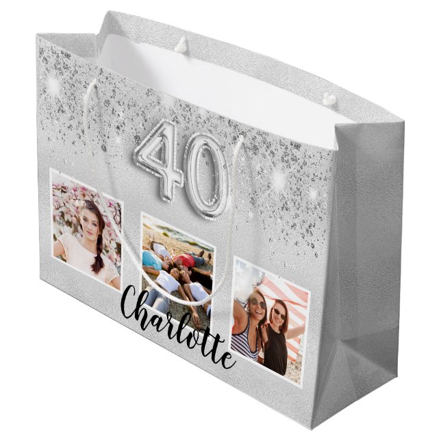 40th birthday silver glitter photo name large gift bag (Back Angled)