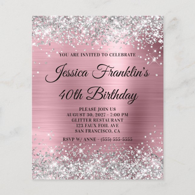 40th Birthday Silver Glitter Pink Foil Invite Flyer (Front)