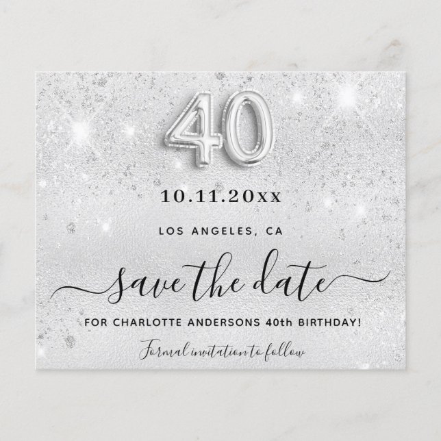 40th birthday silver glitter save the date flyer (Front)