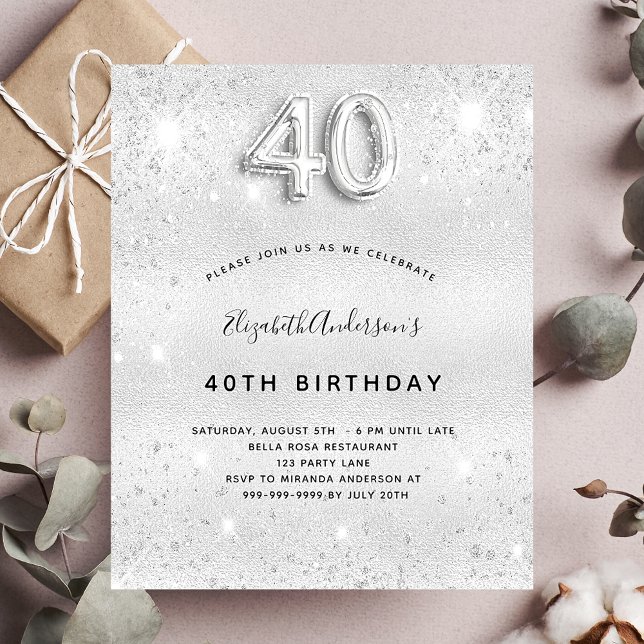 40th birthday silver glitter sparkle glamourous invitation postcard (Creator Uploaded)