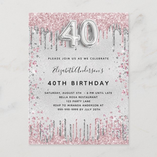 40th birthday silver pink metal glitter dust invitation postcard (Front)