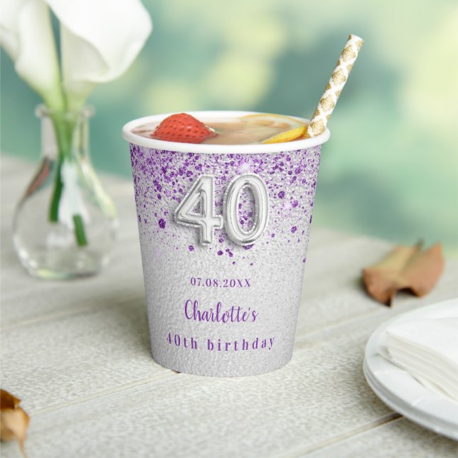 40th birthday silver purple glitter monogram paper cups (Insitu)