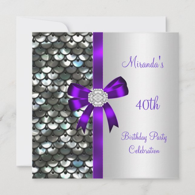 40th Birthday Silver Sequins Purple Diamond Bow Invitation (Front)