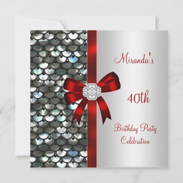 40th Birthday Silver Sequins Red Diamond Bow Invitation (Front)