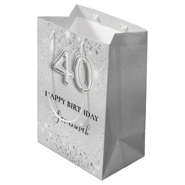 40th birthday silver sparkles name medium gift bag (Back Angled)