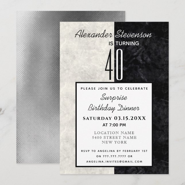 40th Birthday Simple Black and White Marble Invitation (Front/Back)