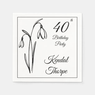 40th Birthday Snowdrop Floral Black And White Napkin