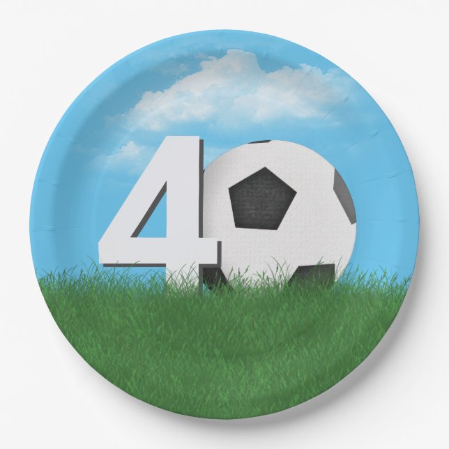 40th Birthday Soccer Ball In Green Grass Paper Plate (Front)