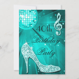 40th Birthday Sparkle Heels and Teal Disco Ball Invitation