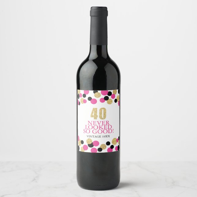 40th Birthday Sparkling Gold Glitter Pink Confetti Wine Label (Front)