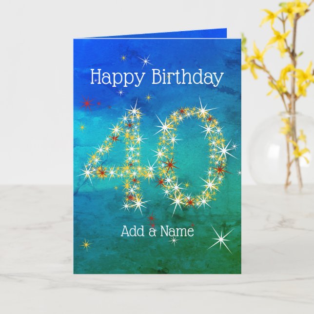 40th Birthday - Star Numbers - Blue Green - Age 40 Card (Yellow Flower)