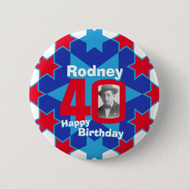 40th Birthday stars custom photo and name red blue 2 Inch Round Button (Front)