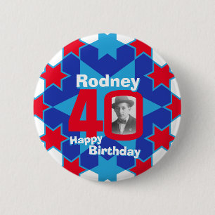 40th Birthday stars custom photo and name red blue 2 Inch Round Button