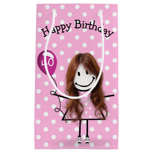 40th Birthday Stick Girl with Pink Balloon Small Gift Bag (Front)