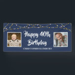 40th Birthday String Lights Name Blue Banner<br><div class="desc">Celebrate a 40th birthday and welcome party guests with this editable blue banner sign with string lights and personalized with two photos HAPPY 40TH BIRTHDAY NAME. EDITABLE COLOR: The blue background colour and text fonts and colour can be changed to coordinate with your party colour scheme by clicking on the...</div>