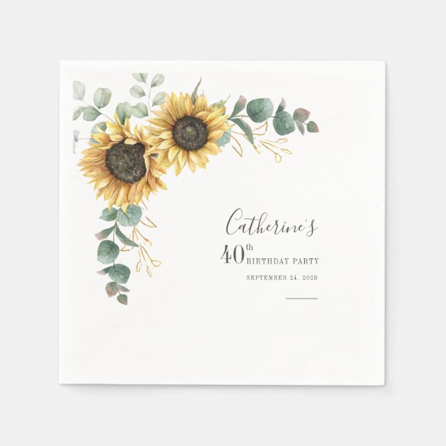 40th Birthday Sunflower Eucalyptus Floral Paper Napkin (Front)