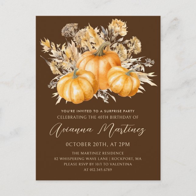 40th Birthday Surprise Party Rustic Boho Pumpkin Invitation Postcard (Front)