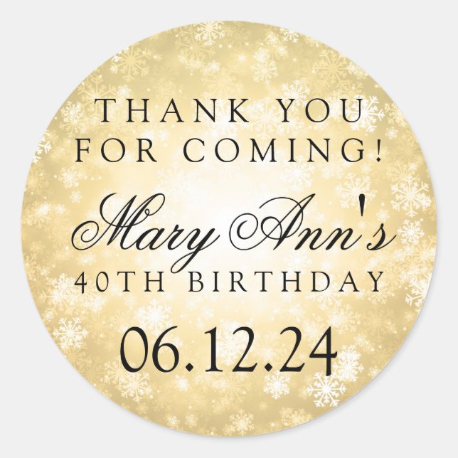 40th Birthday Thank You Gold Winter Wonderland Classic Round Sticker (Front)