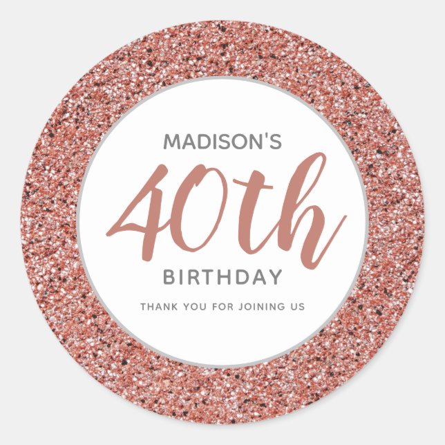 40th Birthday Thank You Pink Glitter Personalized Classic Round Sticker (Front)