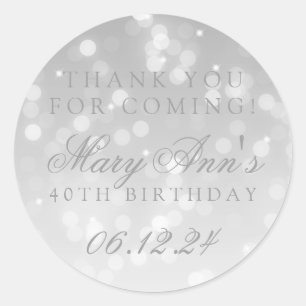 40th Birthday Thank You Silver Bokeh Sparkle Light Classic Round Sticker