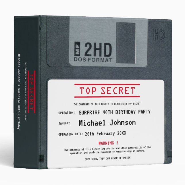 40th Birthday Top Secret Retro 80s Diskette Party Binder (Front/Spine)