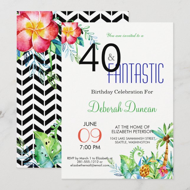 40th Birthday Tropical Floral Party Invitation (Front/Back)