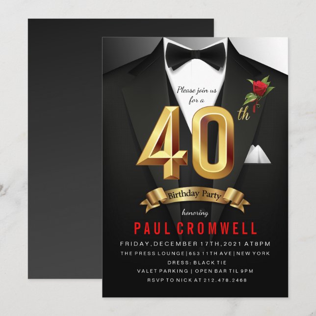 40th Birthday Tuxedo Invitation (Front/Back)