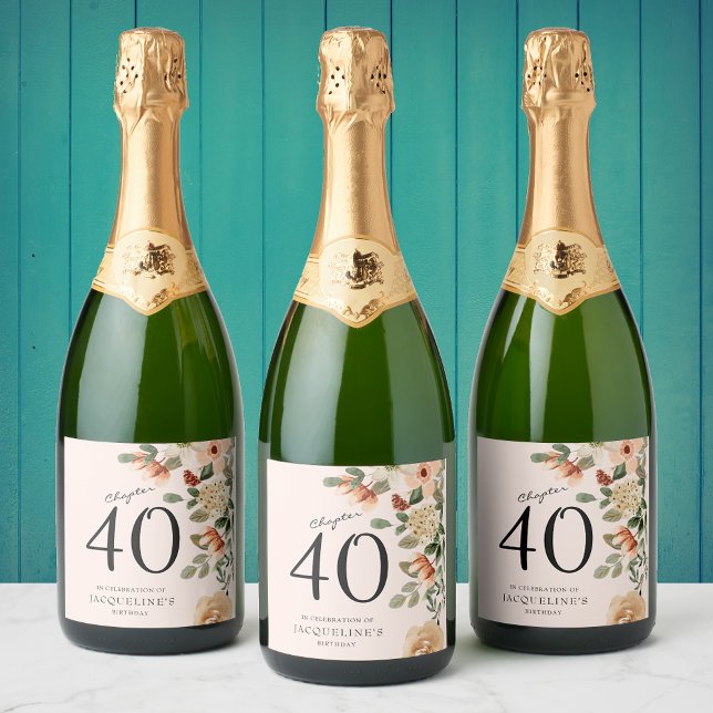 40th Birthday Vintage Floral Sparkling Wine Label (Transform any sparkling wine bottle into a memorable keepsake for a 40th birthday celebration)
