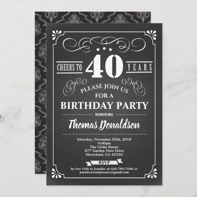 40th birthday vintage invite. Chalkboard classic Invitation (Front/Back)