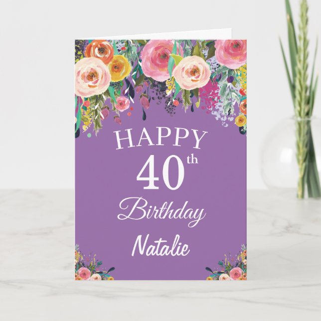 40th Birthday Watercolor Floral Flowers Purple Card (Front)