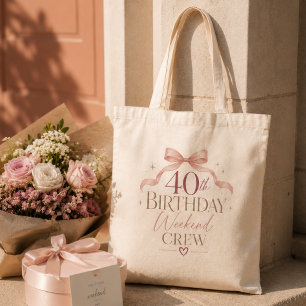 40th Birthday Weekend Crew Elegant Pink Bow Tote Bag