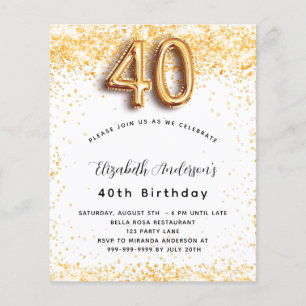 40th birthday white gold budget invitation flyer