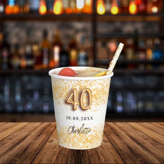 40th birthday white gold glitter name paper cups (Creator Uploaded)