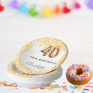 40th birthday white gold glitter name paper plate