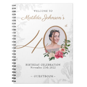 40th Birthday White Gold Guestbook Floral Photo Notebook