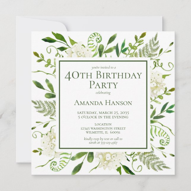 40th Birthday White Hydrangeas Invitation (Front)